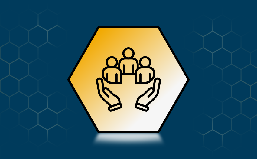 A hexagonal icon with two hands supporting three people, symbolizing leadership, teamwork, and organizational support, set against a blue background with a honeycomb pattern.