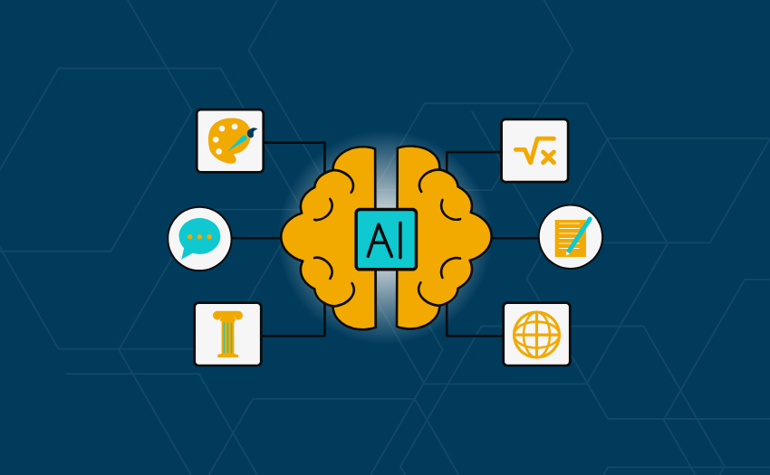 A stylized brain labeled "AI" with connected icons representing different applications such as communication, creativity, problem-solving, and analytics, set against a dark blue digital background.