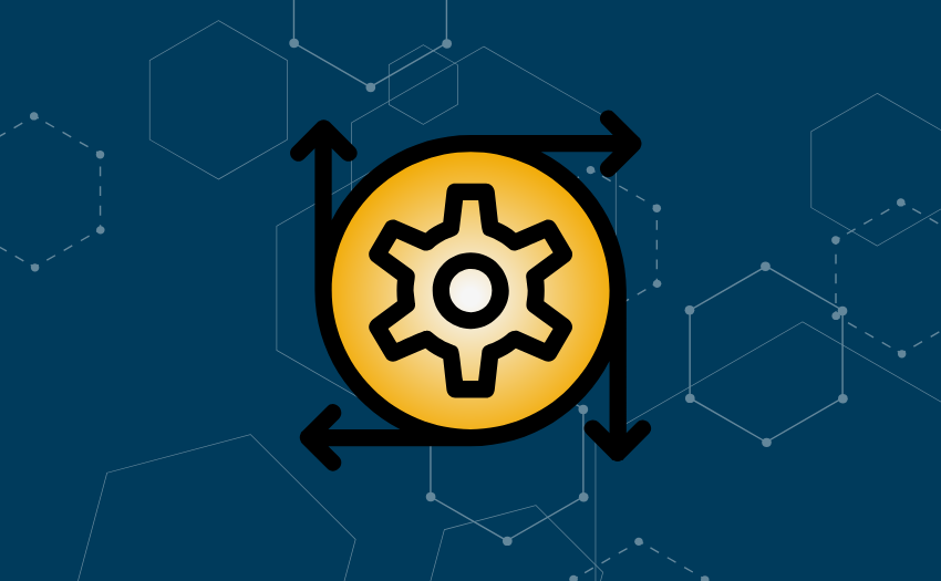 A yellow gear enclosed by multidirectional arrows, symbolizing process improvement, adaptability, and continuous change, against a blue hexagonal-patterned background.