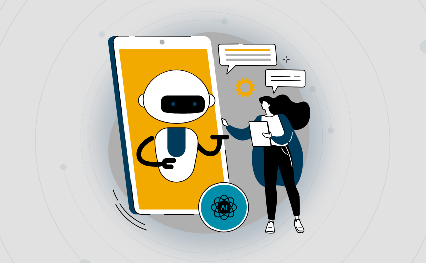 Illustration of a chatbot on a mobile screen helping a product manager brainstorm product ideas with AI.