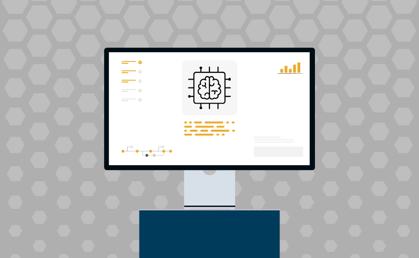 A computer screen displays artificial intelligence and analytics visuals representing AI-powered change management tools.