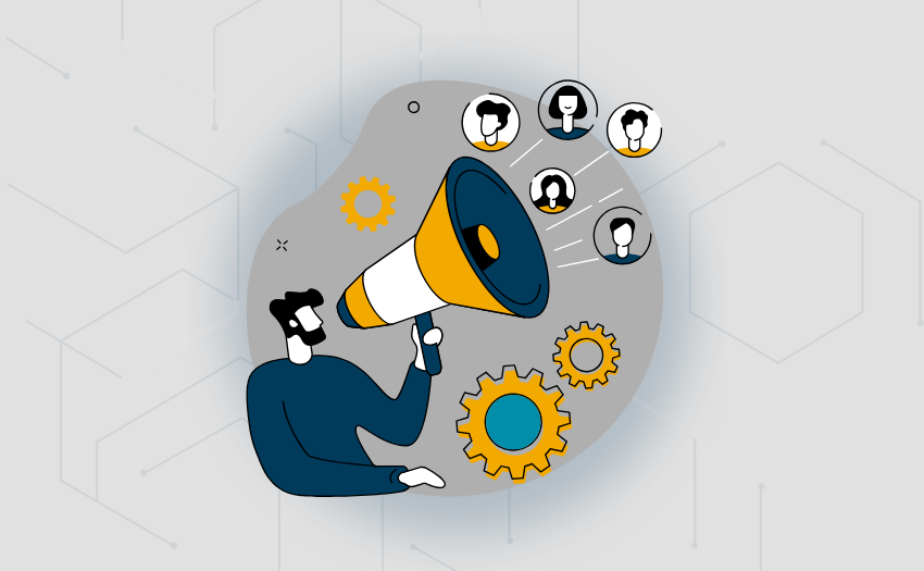Illustration of a marketer using a megaphone to test product messaging and gather customer feedback.