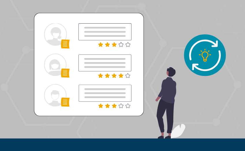 Illustration of a person reviewing customer feedback ratings as part of continuous improvement.