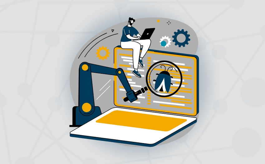 Illustration of a designer testing a product prototype with AI-powered feedback and analysis tools.
