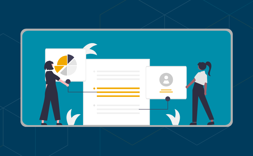 Illustration of two people analyzing customer value data and feedback loops to improve value delivery.