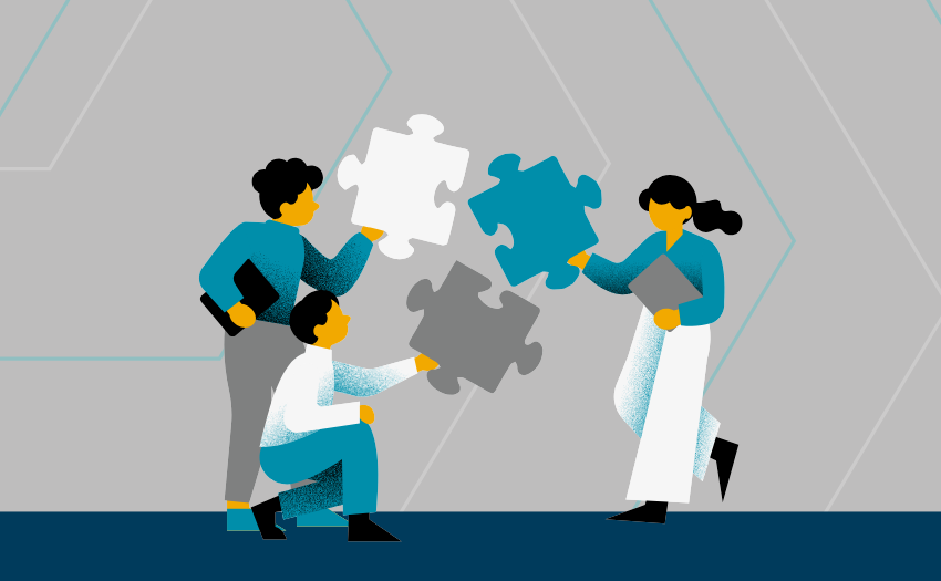 Three colleagues from different departments collaborate by fitting together large puzzle pieces, symbolizing cross-functional teamwork.