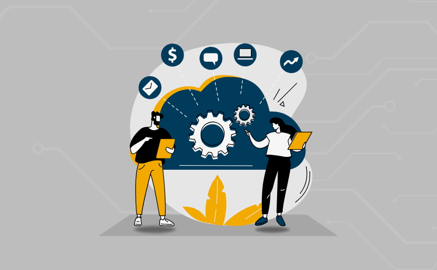Illustration of two people working together with gear icons and digital symbols representing collaboration, communication, and productivity tools.
