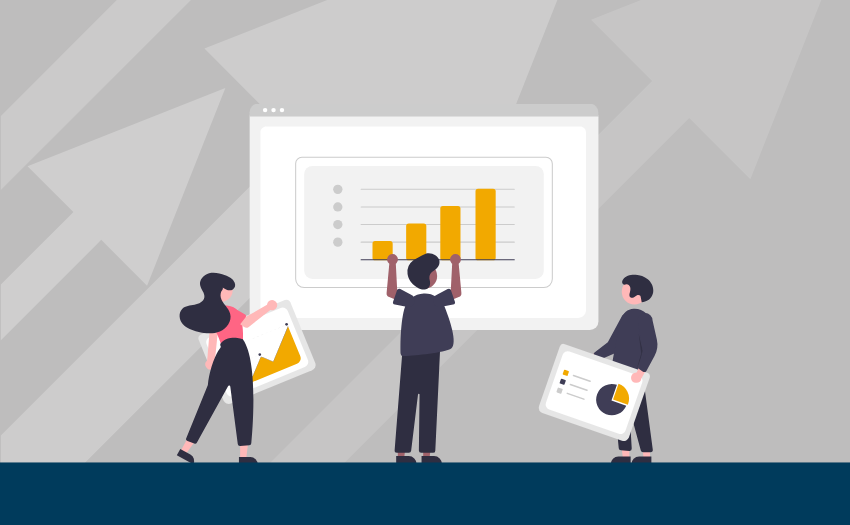 Illustration of professionals analyzing bar chart data to track learner progress and assess L&D outcomes.