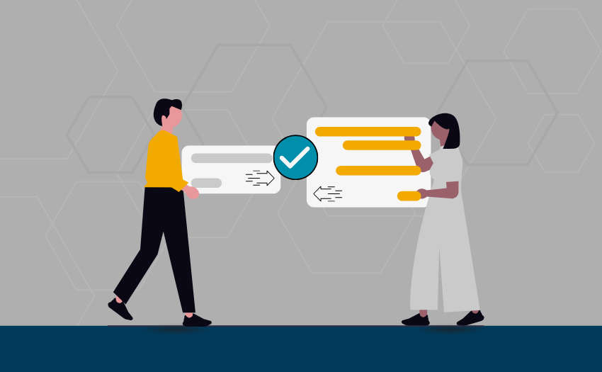 Illustration of two people communicating through message exchange.