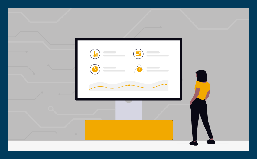Illustration of a woman analyzing predictive customer behavior data on a large screen with AI-generated charts.