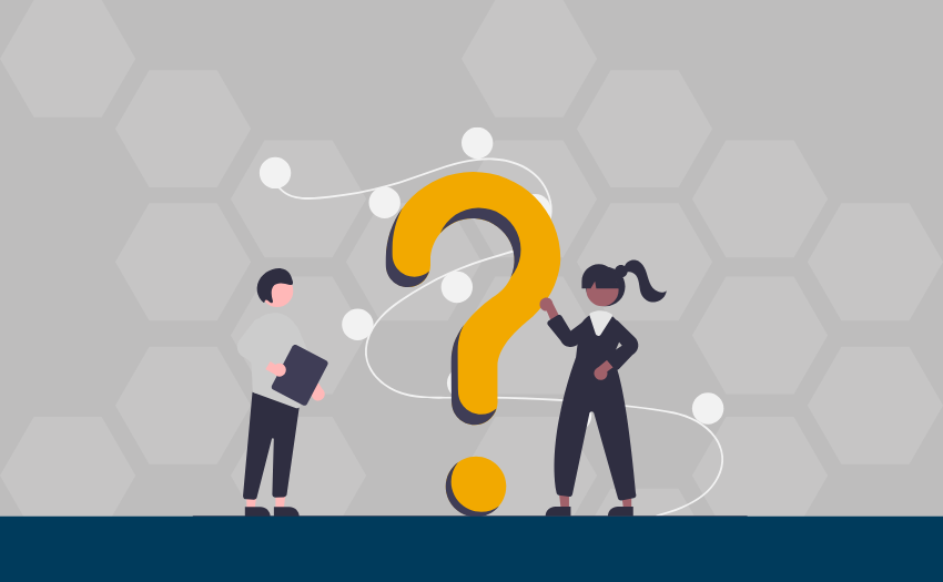 Illustration of two professionals exploring a big question mark, symbolizing powerful questions in coaching.