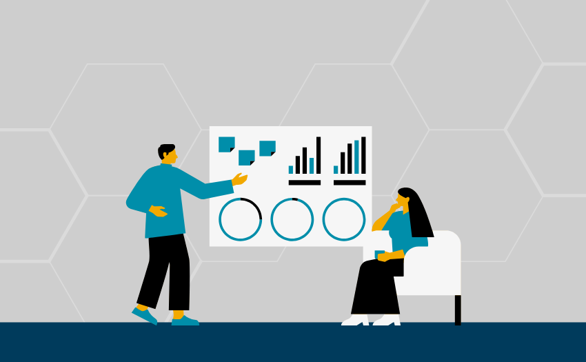 Illustration of a person presenting data on a chart to a seated colleague, symbolizing collaboration, analysis, and shared decision-making.