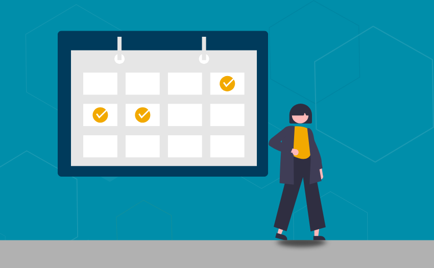 A person stands next to a large calendar, reviewing scheduled tasks to forecast capacity and timelines.
