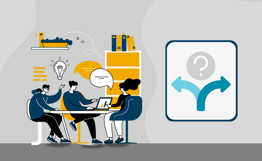 Illustration of a team collaborating around a table with a decision-making icon showing two arrows and a question mark.
