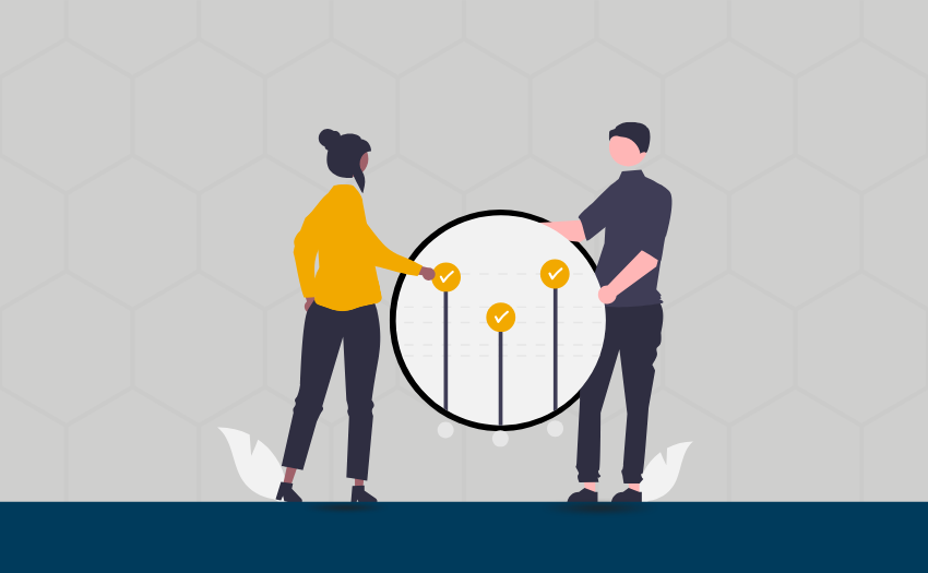 Two illustrated professionals review a checklist, representing structured steps in a change management process.