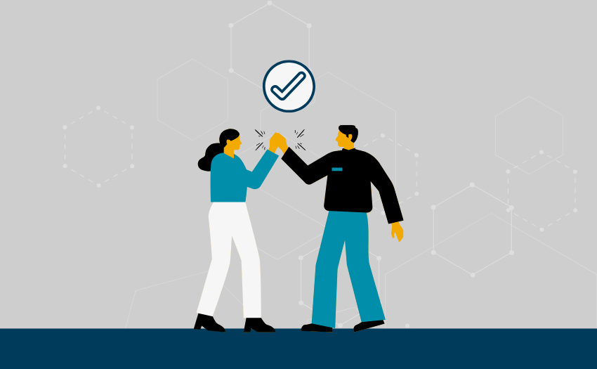Illustration of two colleagues giving a high five beneath a checkmark symbol, representing successful collaboration and positive feedback.