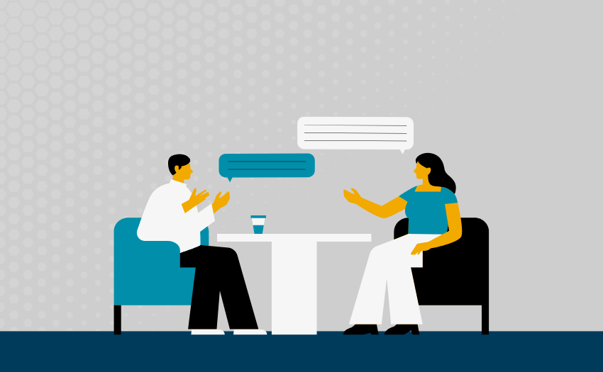 Illustration of two people sitting across from each other having a thoughtful conversation, with speech bubbles indicating active dialogue and exchange of ideas.