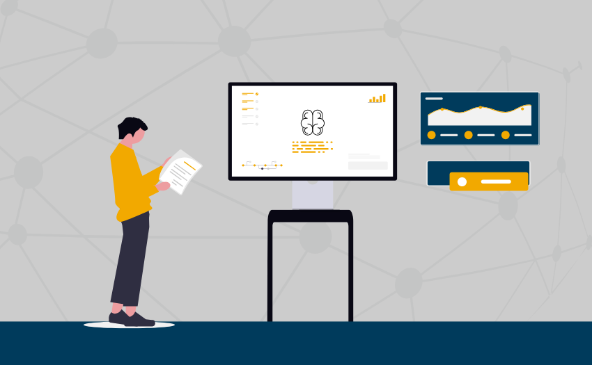 Illustration of a person reading data from an AI-powered dashboard used for customer behavior analysis.