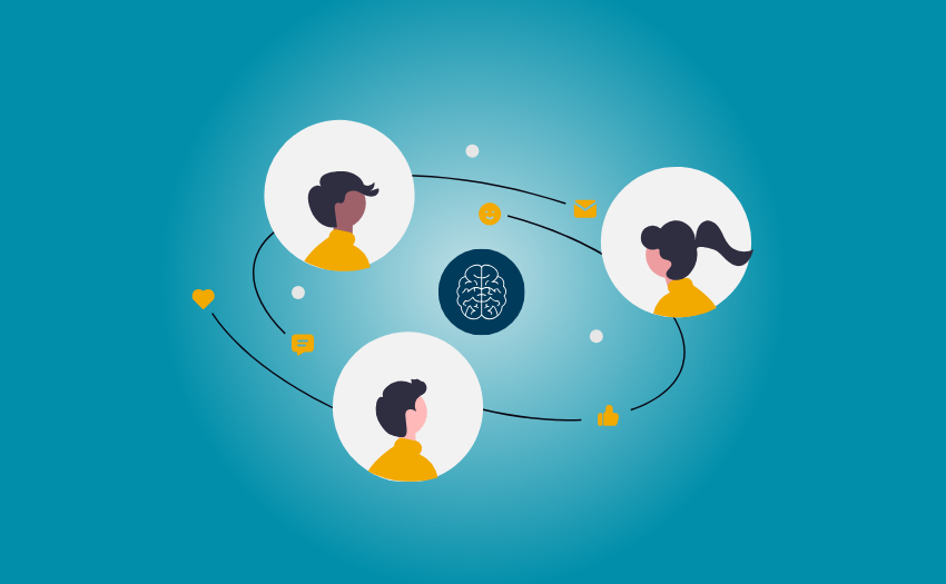 Graphic showing connected team members exchanging ideas to foster collaboration and collective growth.