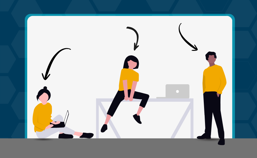 Illustration of three learners in a people-centered learning environment.