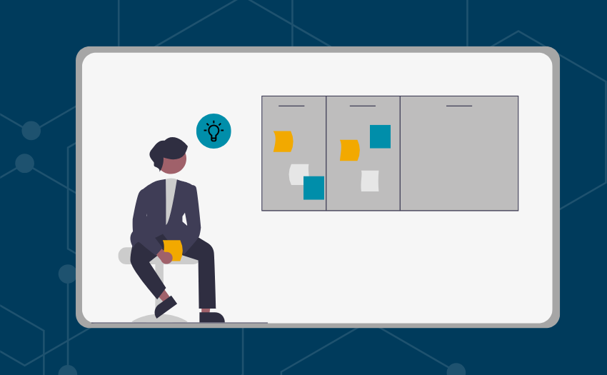A person sits in front of a brainstorming board with sticky notes, symbolizing how AI helps identify and organize product opportunities.