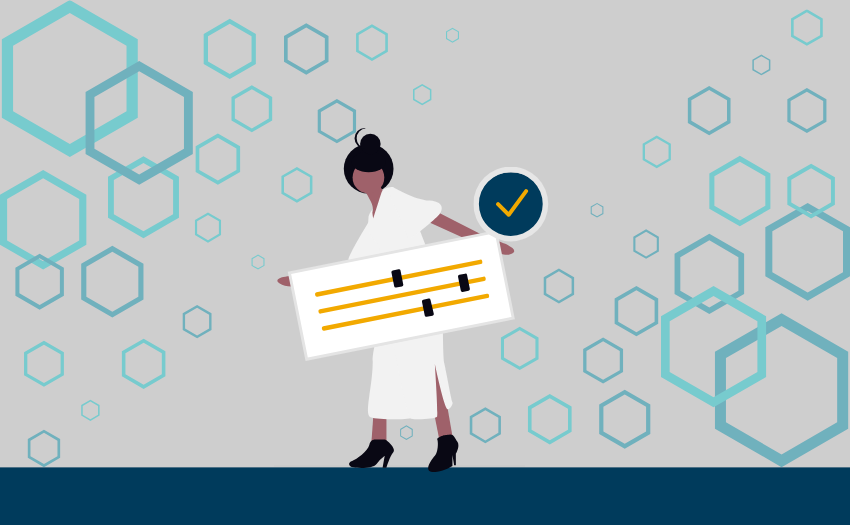 A person in a white outfit holds a control panel with adjustable sliders, symbolizing the process of identifying and fine-tuning their dominant leadership style. A checkmark icon suggests confidence in their leadership approach.