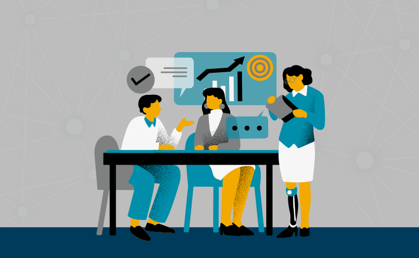 A group of professionals exchange ideas at a desk with charts and graphs in the background, representing informed decision-making through collaboration.
