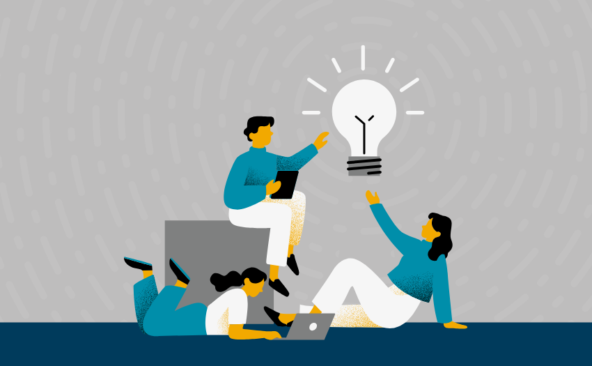 Team members sit and brainstorm around a glowing lightbulb, illustrating innovation sparked by cross-departmental collaboration.
