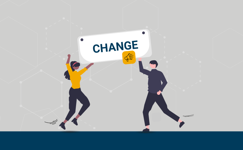 Two illustrated characters energetically hold up a sign that says "change", depicting the momentum and communication needed for successful change.