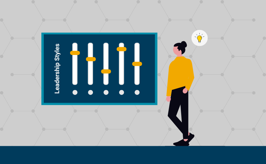 A person observes an adjustable control panel labeled "Leadership Styles," symbolizing the ability to adapt and fine-tune different leadership approaches. A lightbulb icon above their head suggests a moment of insight or realization.
