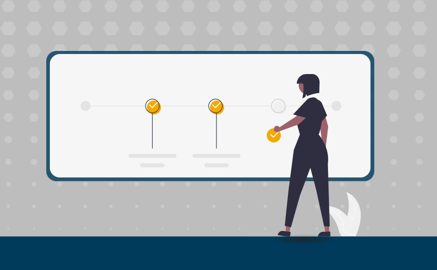 An illustrated woman interacts with a timeline marked by completed checkpoints, illustrating the three stages of Lewin's change management model.