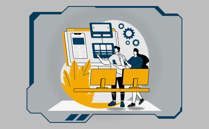 Illustration of two team members reviewing digital dashboards and user interface components on multiple screens in a tech-driven workspace.