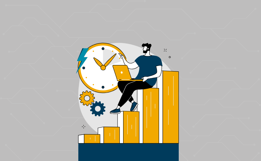 Illustration of a person sitting on a rising bar graph with a laptop, representing productivity, efficiency, and time management.