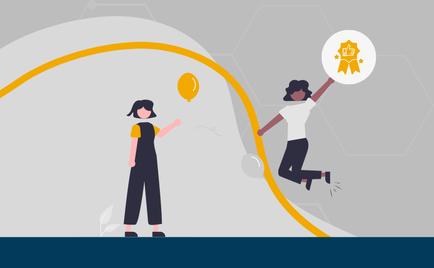 Illustration of two women celebrating growth and recognition of individual strengths.