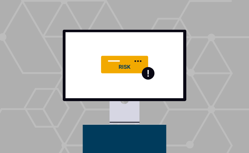A digital alert screen displays the word “Risk” with an exclamation mark, highlighting AI’s role in risk detection and compliance during change.