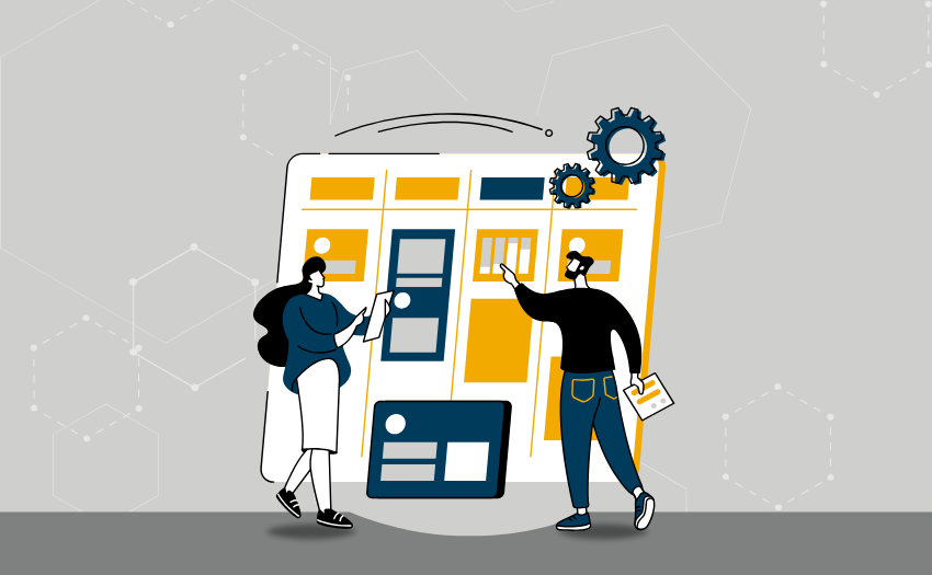 Illustration of two people interacting with a large kanban-style board, organizing tasks.