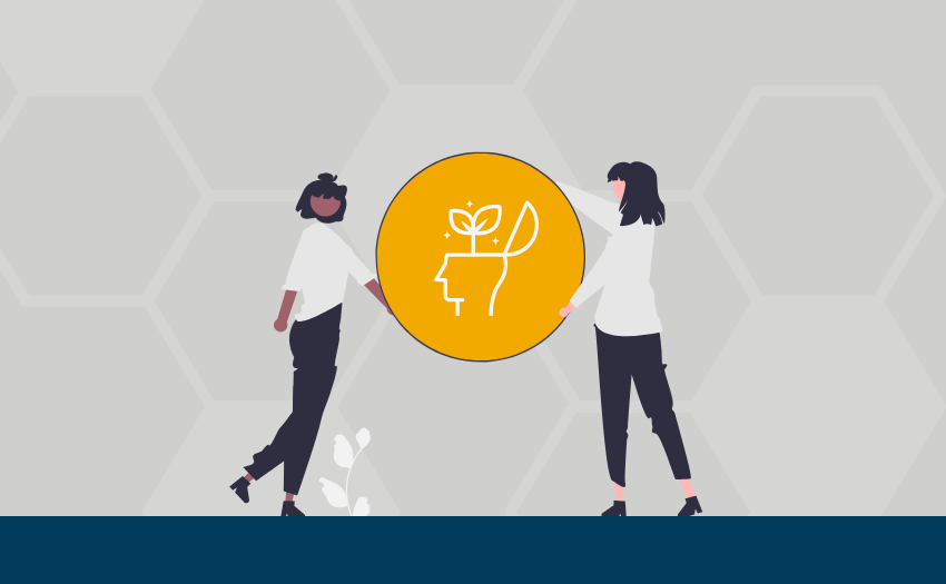 Illustration of two women holding a growth mindset icon, representing positive impact through coaching.