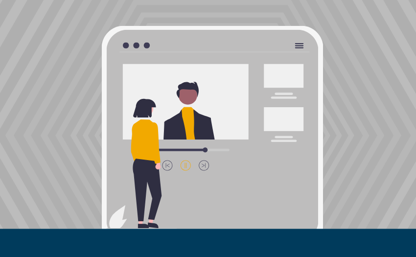 An illustrated woman stands in front of a video tutorial, depicting AI-driven employee training and onboarding programs.
