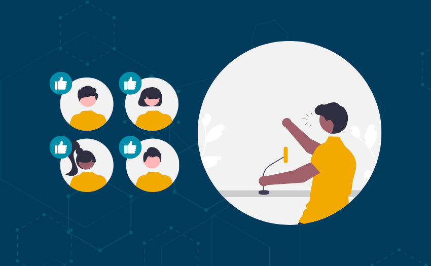 A person speaks confidently into a microphone while a team of four individuals gives thumbs-up approvals, symbolizing effective leadership and positive influence. The image represents the impact of finding and embracing one's leadership style.