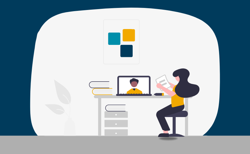 Illustration of a woman learning remotely via laptop, highlighting the flexible online and in-person options of ICAgile’s product management certification.