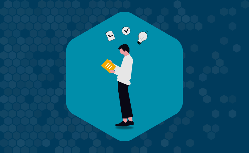 Illustration of a learner reading a book with icons representing ideas and tasks, symbolizing ICAgile’s focus on hands-on, real-world product skills.