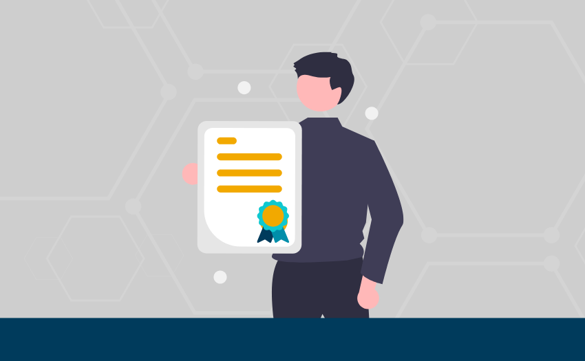 Illustration of a person proudly holding a certificate, representing ICAgile’s globally recognized and renewal-free product management certification.