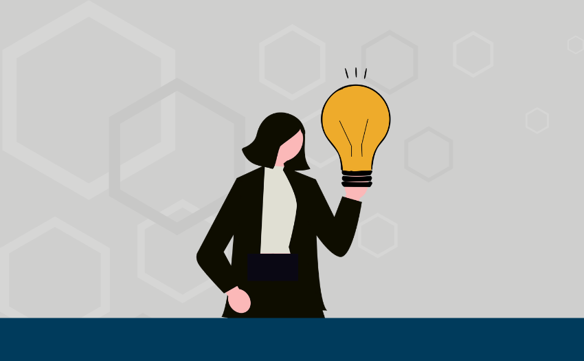 Illustration of a businesswoman holding a lightbulb, conveying innovative thinking and an agile mindset promoted through ICAgile’s agile product management training.